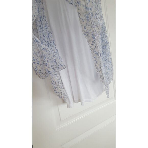 MARINA GIGLI Cream Blue Floral Print Silk Lace Short Sleeve Top Size Large - Picture 2 of 8